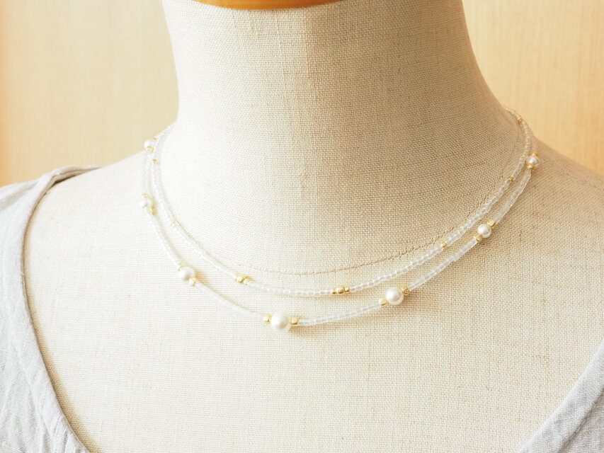 【2way】パール＋クリア　2連ビーズネックレス　ブレスレット　チョーカー　カジュアルパール　涼やか　透明　水滴