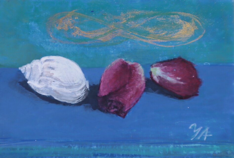 アクリル「小さな貝殻と小さなバラのつぼみ」