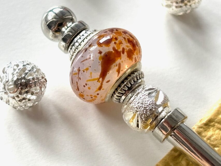 かんざし　夏祭りのヨーヨーの様なドットビーズ　茶色＆黄土色　一本挿し　一本簪　涼しげ　夏　