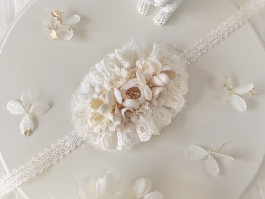 ドール用レースと染め花のスモールヘッドドレス(MLフリー・小バラ・オフホワイト)