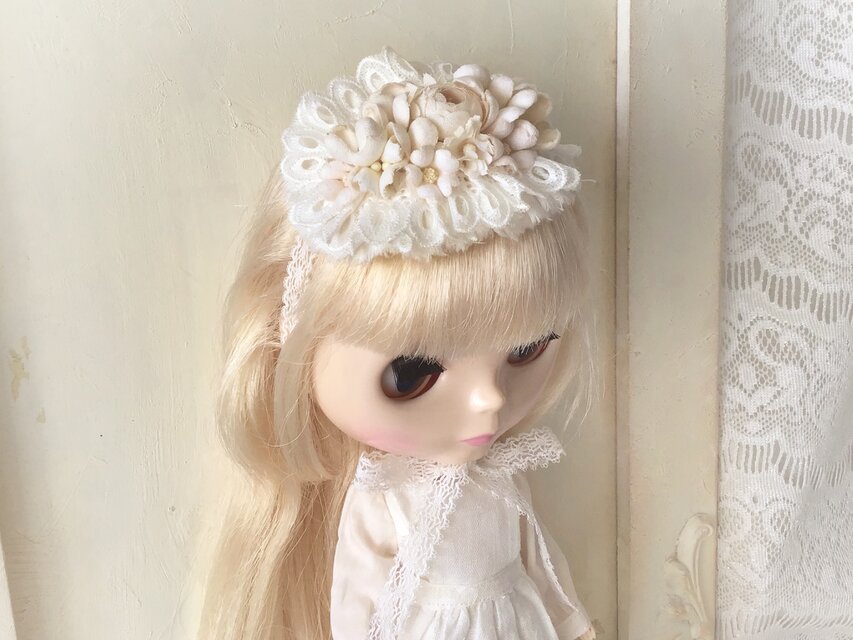 ドール用レースと染め花のスモールヘッドドレス(MLフリー・小バラ