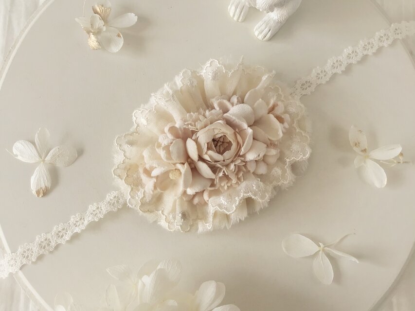 ドール用レースと染め花のスモールヘッドドレス(MLフリー・小バラ・アンティークホワイト)