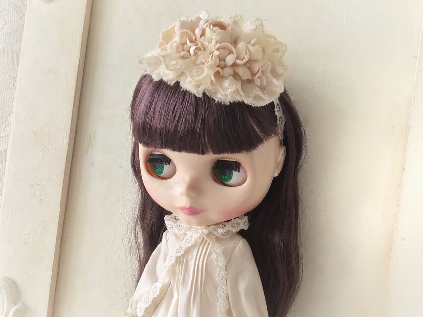 ドール用レースと染め花のスモールヘッドドレス(MLフリー・小バラ