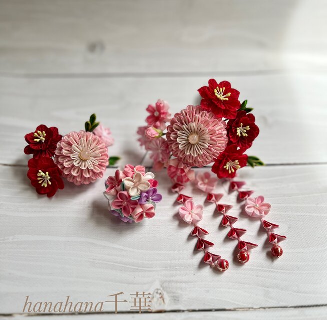 受注制作　つまみ細工七五三髪飾り　「初花こよみ」