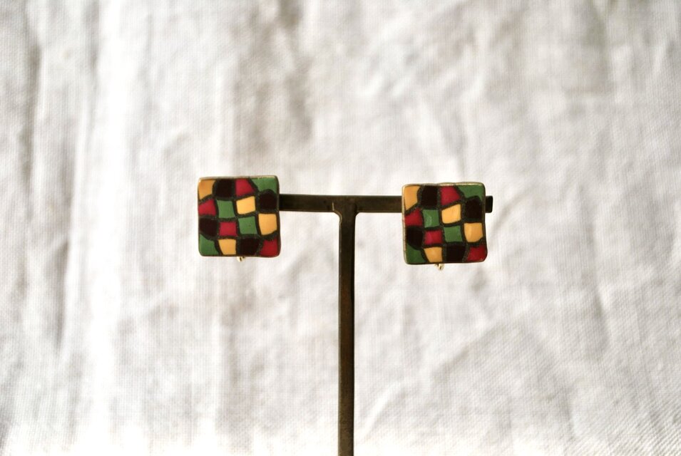 四角モザイクイヤリング　pink green yellow