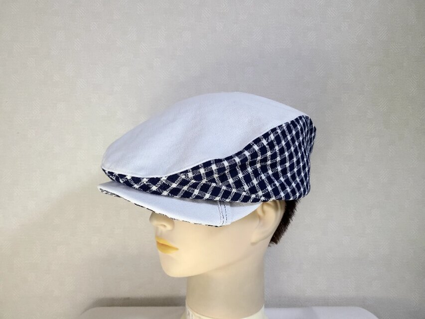 魅せる帽子☆コットンのバイカラーハンチング～ホワイト&ネイビーチェック