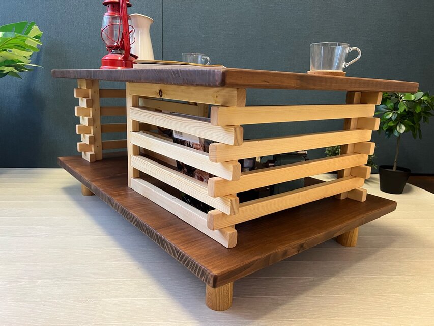 送料無料】 ローテーブル 和風 木組格子形 90cm パイン