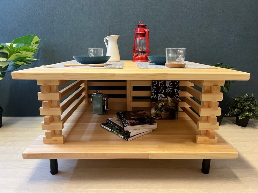 【送料無料】 ローテーブル 和風 木組格子形 80cm角 パイン ナチュラル