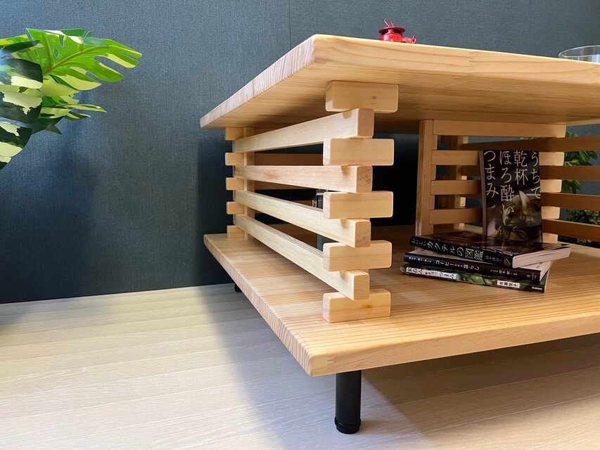 送料無料】 ローテーブル 和風 木組格子形 80cm角 パイン ナチュラル