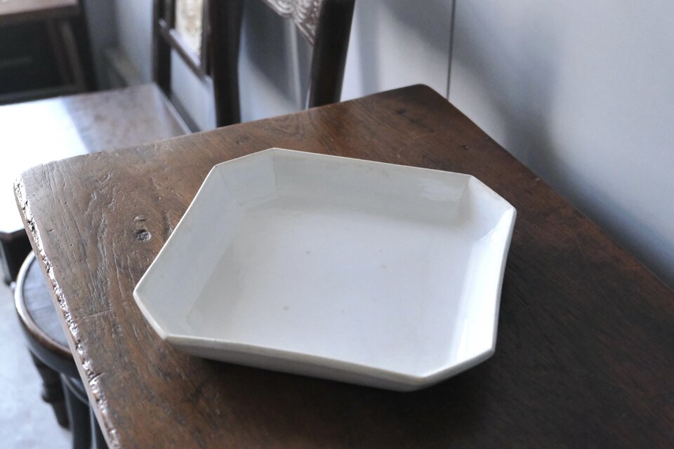 Gien ジアン 白 角皿 大皿 隅切 24.5cm フランス アンティーク 0502222