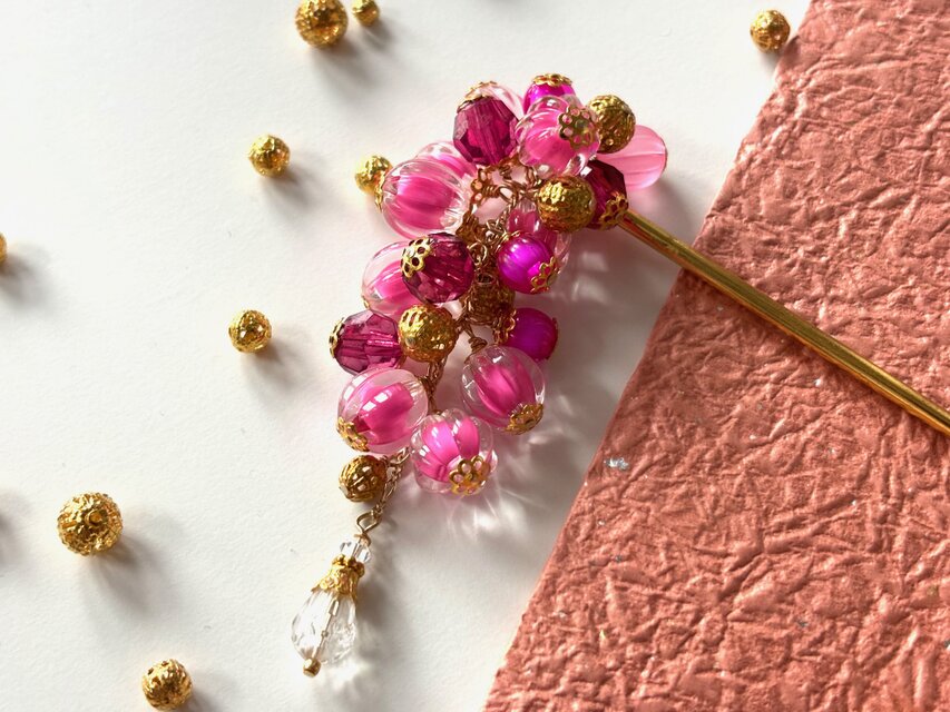 かんざし　カシスソーダの様な泡玉ビーズ　ピンク　赤紫　レッド　一本挿し　一本簪　春夏　ゴールド　