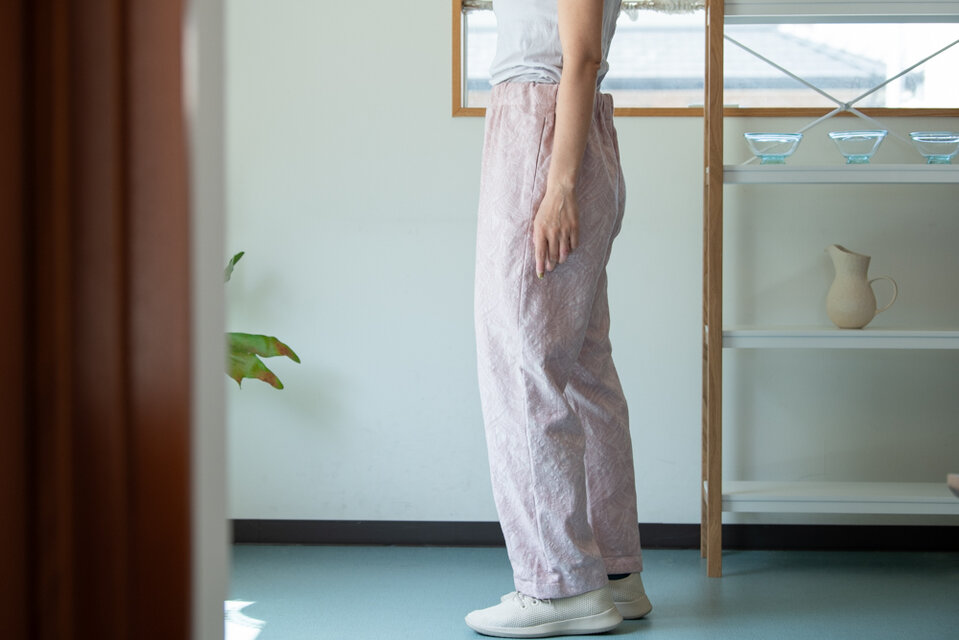 handmade＊綿麻ギャザーパンツ・裾紐付き ジャガード織り 両サイドポケット付きギャザーパンツ【Organic Cotton