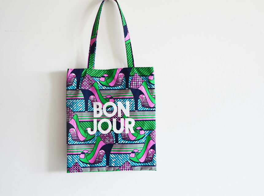 アフリカンバティック　トートバッグ　『BON JOUR』　ハイヒール柄　アフリカンファブリック　A4大人お稽古バッグ