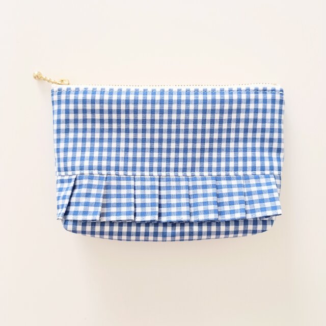 《値下げSALE》 プリーツフリルポーチ ギンガムチェック 16cm