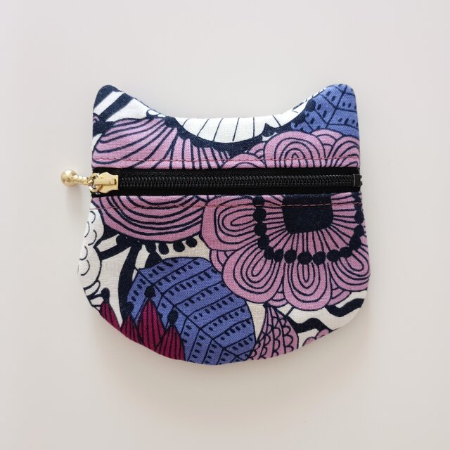 和柄ねこポーチ ぺたんこポーチ ハンドメイド パープル 10cmファスナー