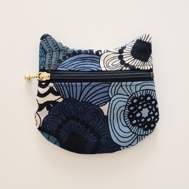 和柄ねこポーチ ぺたんこポーチ ハンドメイド ブルー 10cmファスナー