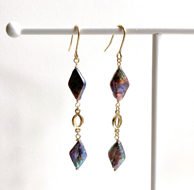 天然ブラック淡水パール2連デザインピアス/イヤリング