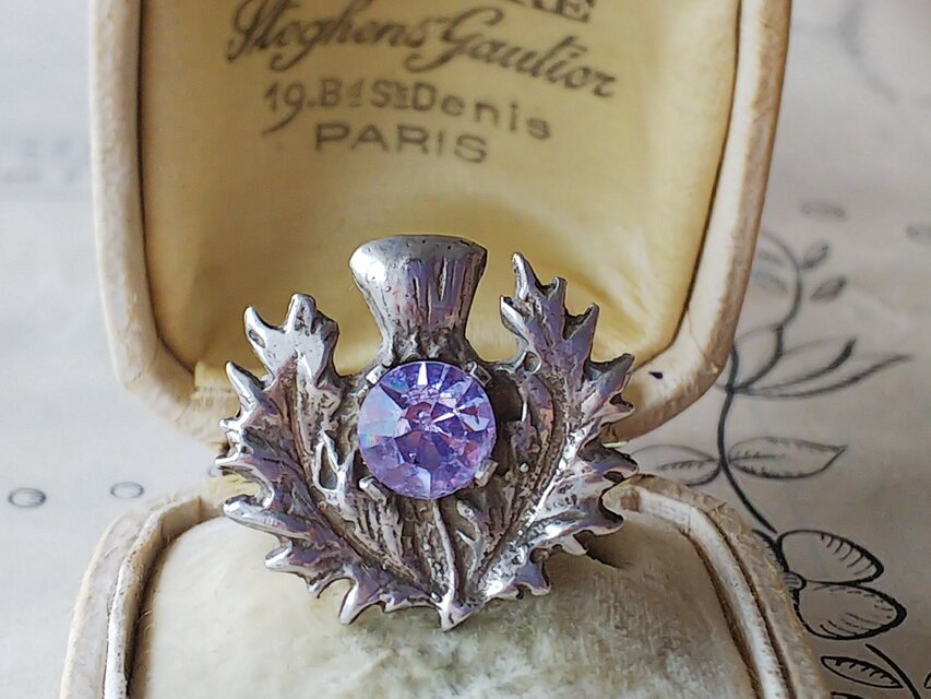 ヴィンテージ　アザミ／アレキサンドライト　Silverトーンブローチ