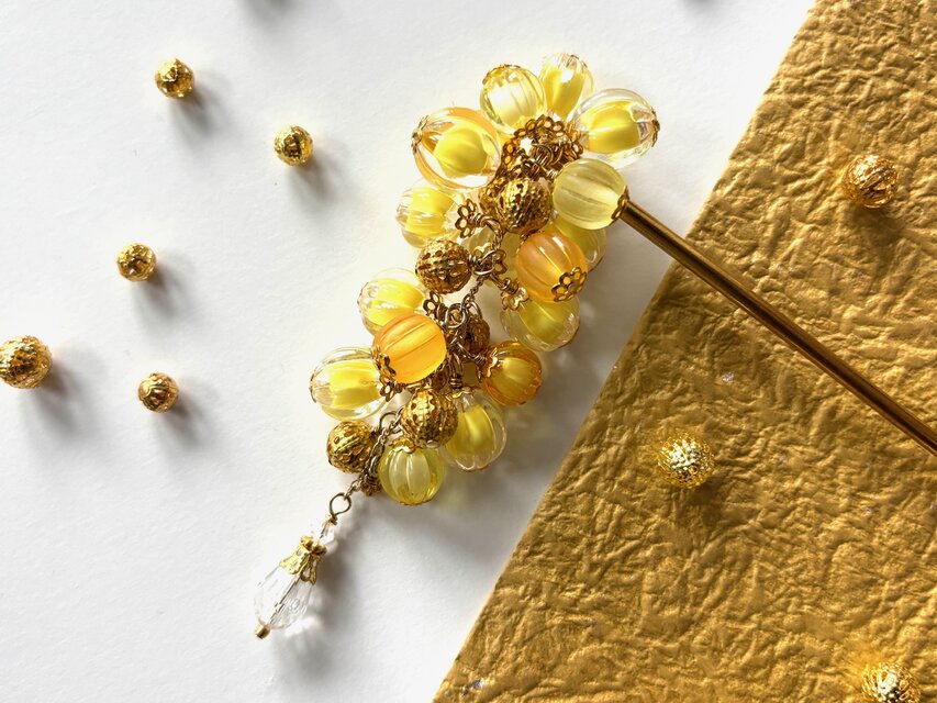 かんざし　レモネードの様な泡玉ビーズ　黄色　一本挿し　一本簪　涼しげ　夏　和風