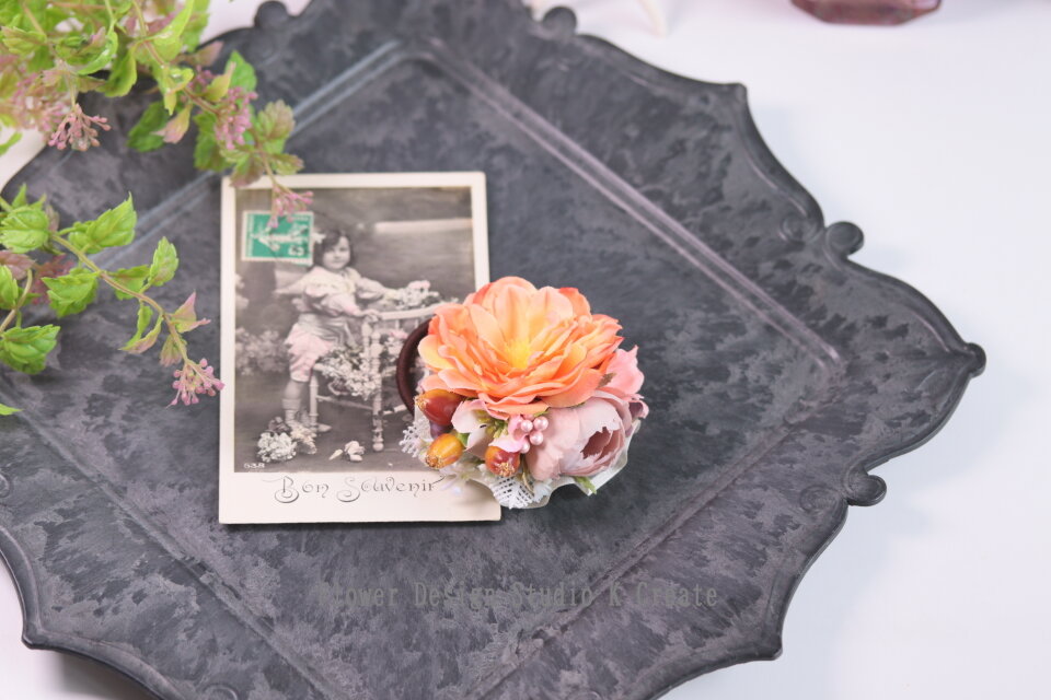 オレンジの薔薇とヒペリカムのヘアゴム ヘアゴム 髪飾り オレンジ バラ