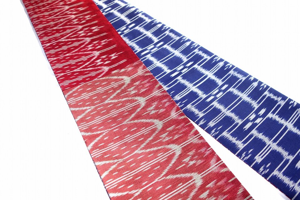 オレンジ、赤系とはっきりとした紺地のタイシルク半幅帯 HAN1626