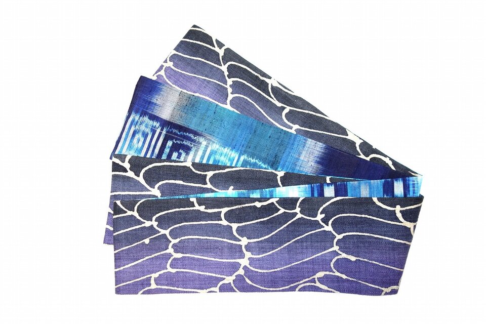 波柄バティックヘンプと水色系タイシルクの半幅帯　HAN1627