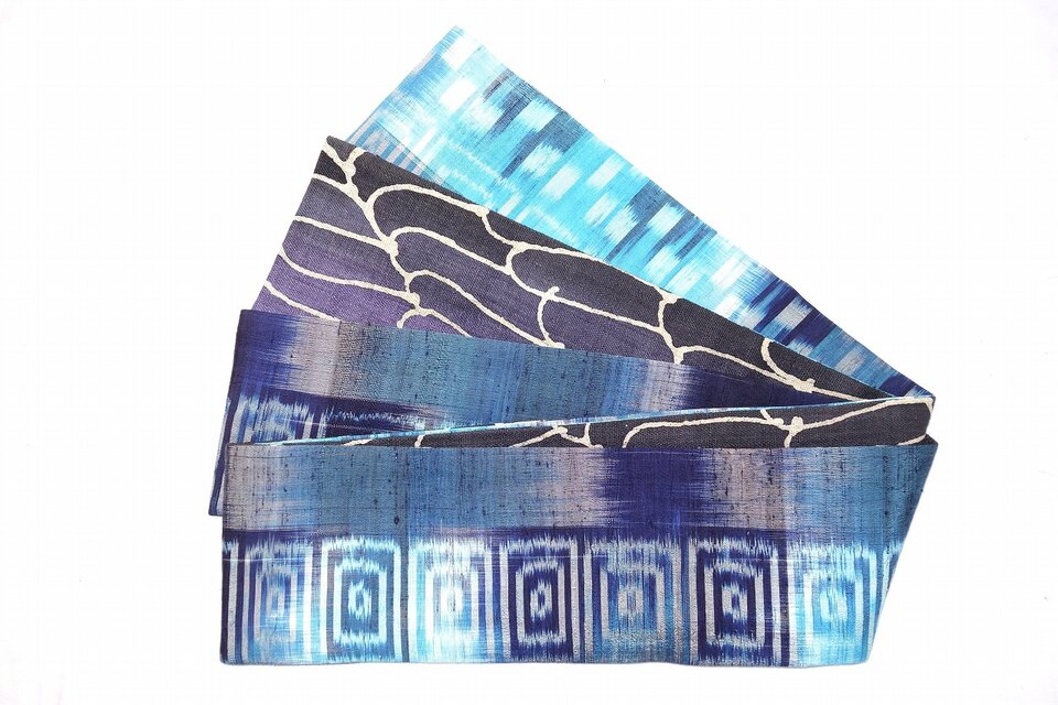 ☆レア☆ 青緑色と金色の波模様 半幅帯 波柄バティックヘンプと水色系タイシルクの半幅帯 HAN1627 | iichi