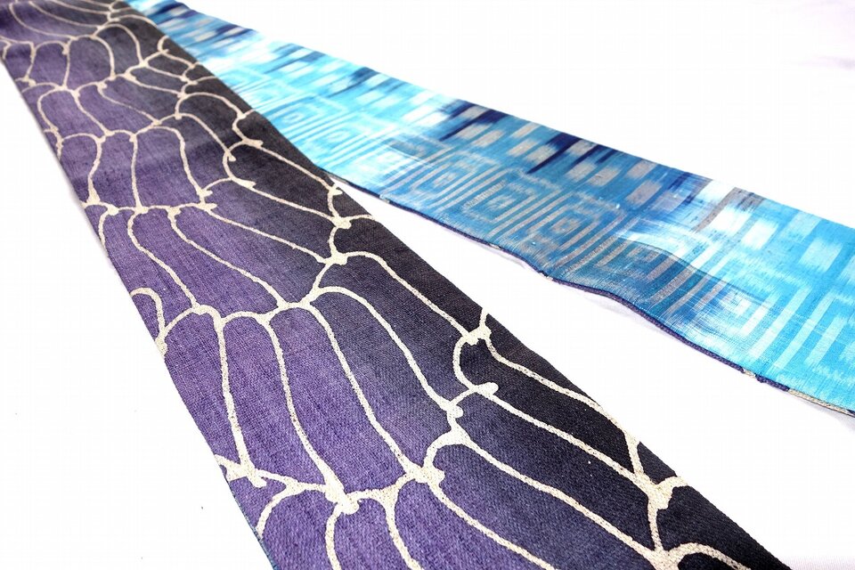 波柄バティックヘンプと水色系タイシルクの半幅帯 HAN1627 | iichi
