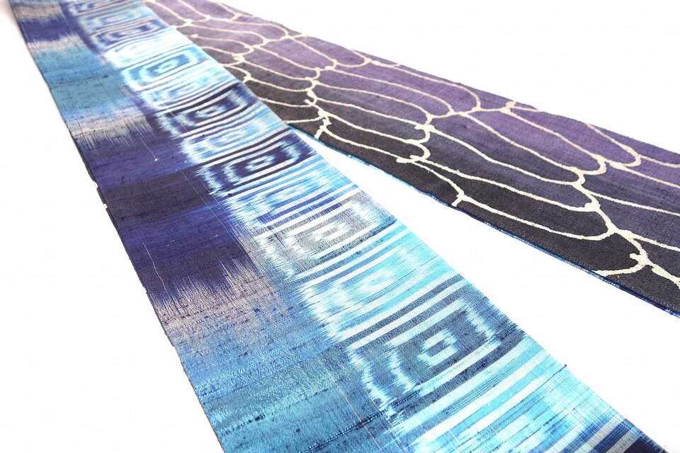 波柄バティックヘンプと水色系タイシルクの半幅帯 HAN1627 | iichi