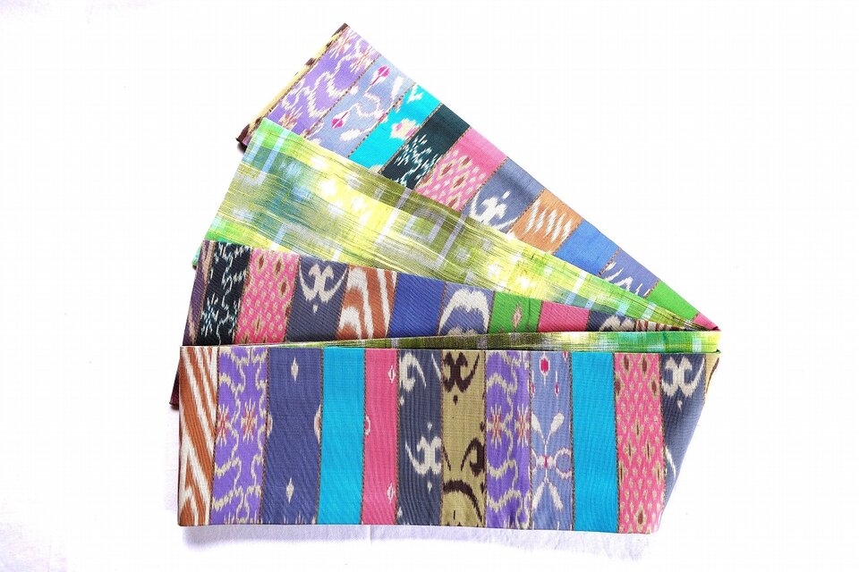 パステル系裂き織りと黄緑モスグリーン系タイシルク半幅帯　HAN1631