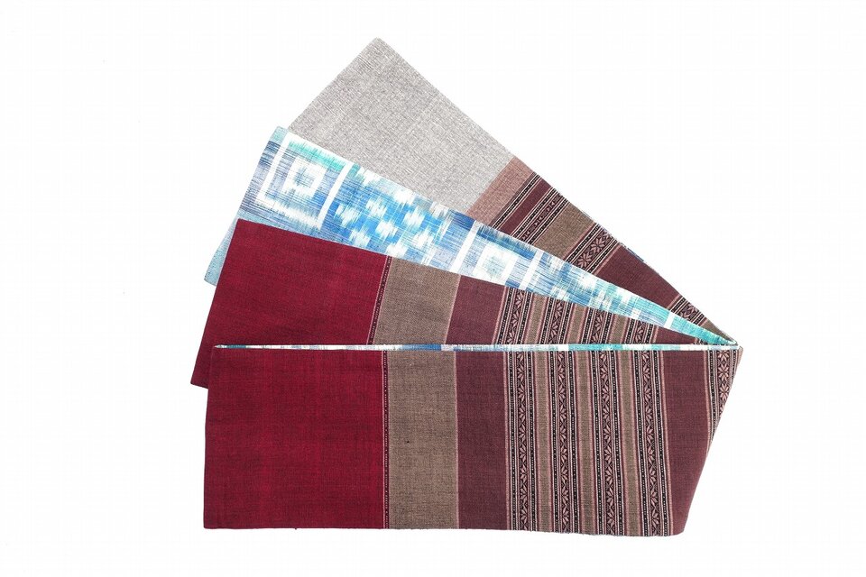 エンジと茶系コットンと青緑ブルー系タイシルク半幅帯　HAN1633