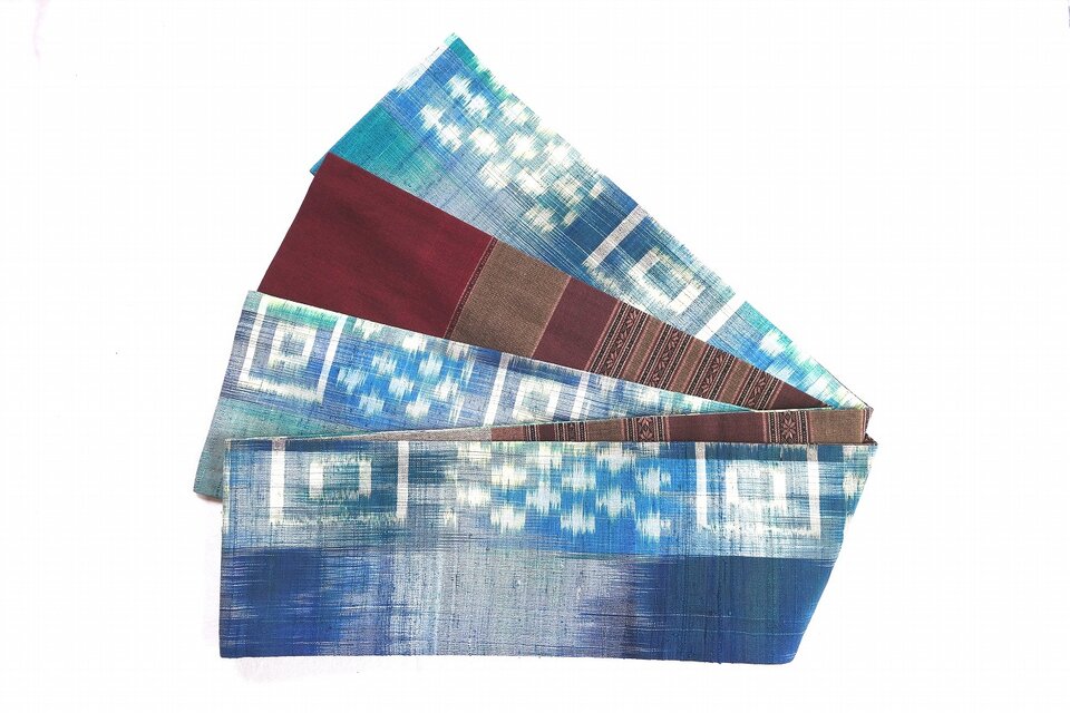 ☆レア☆ 青緑色と金色の波模様 半幅帯 エンジと茶系コットンと青緑ブルー系タイシルク半幅帯 HAN1633 | iichi