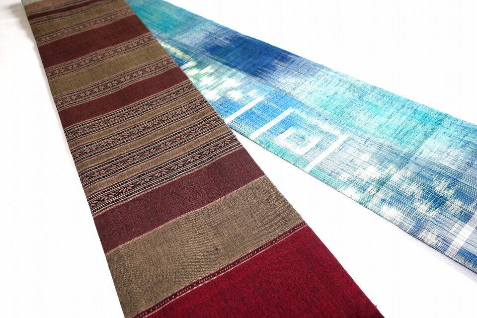 エンジと茶系コットンと青緑ブルー系タイシルク半幅帯 HAN1633 | iichi