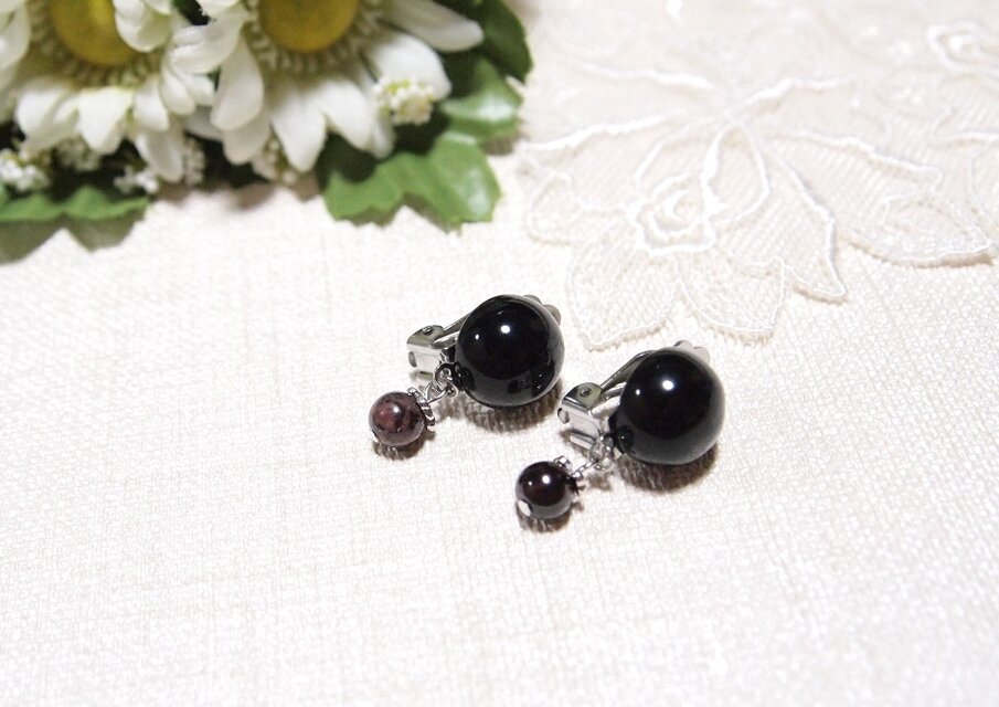 ステンレス クリップ式* 不幸を寄せ付けない モリオン・スギライトのイヤリング 黒水晶 杉石