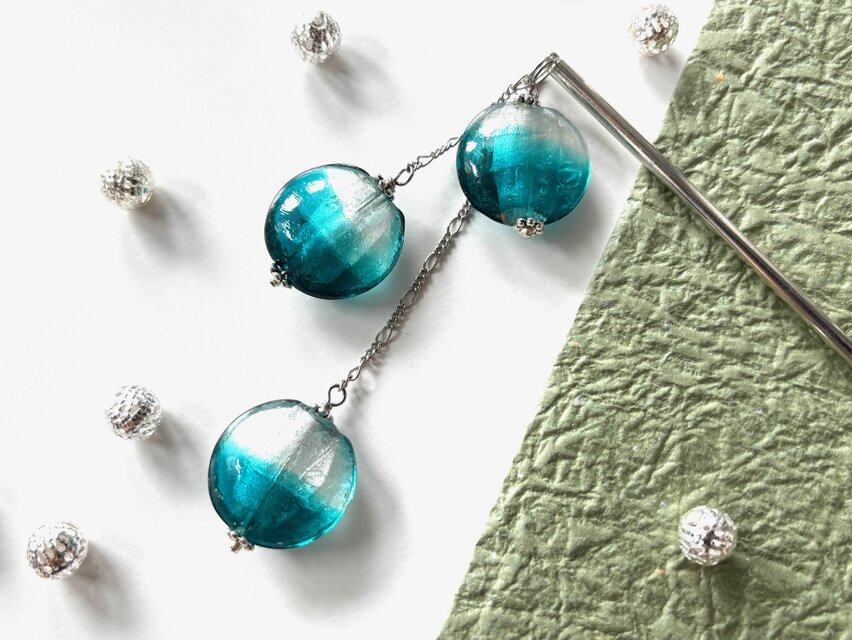 かんざし　エメラルドグリーンのおはじき型とんぼ玉３連A　一本挿し　一本簪　涼しげ　夏　和風　シルバー　トンボ玉