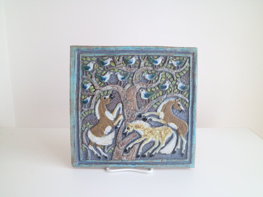 Nittsjö Keramik / 馬と鳥の陶板 No.5833
