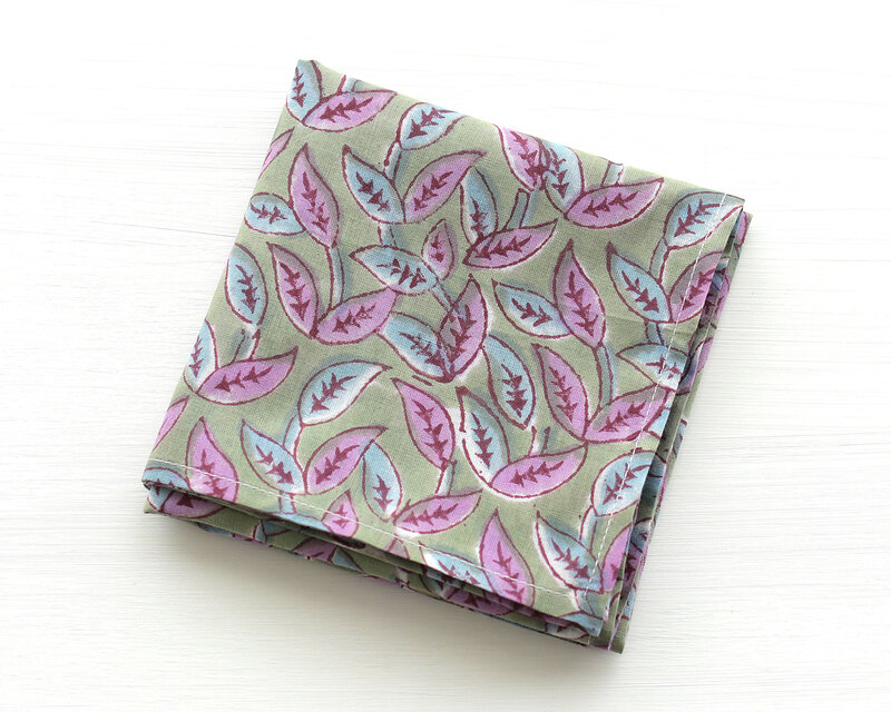 木版染め ブロックプリント 大判ハンカチ（リーフ/グレー）22