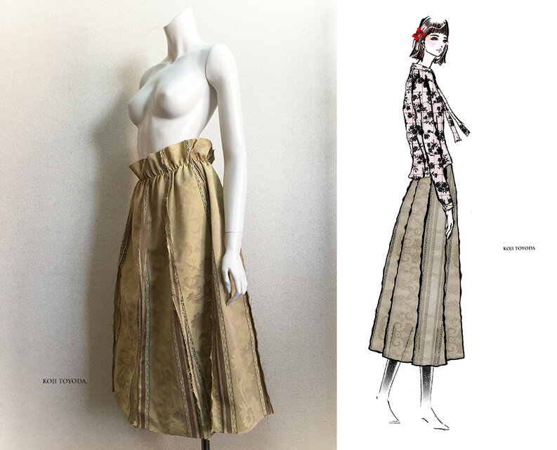 【1点もの・デザイン画付き】ハイウエストシャーリング切りっぱなしゆったりジャガードフレアースカート（KOJI TOYODA）