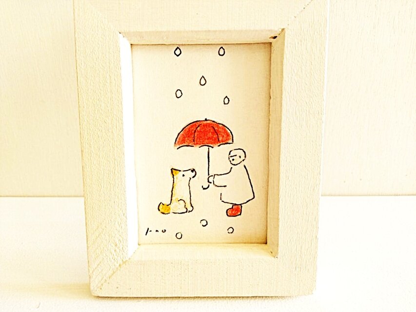受注制作】ミニ原画「雨の日キミと」・イラスト・水彩・犬の絵・送料