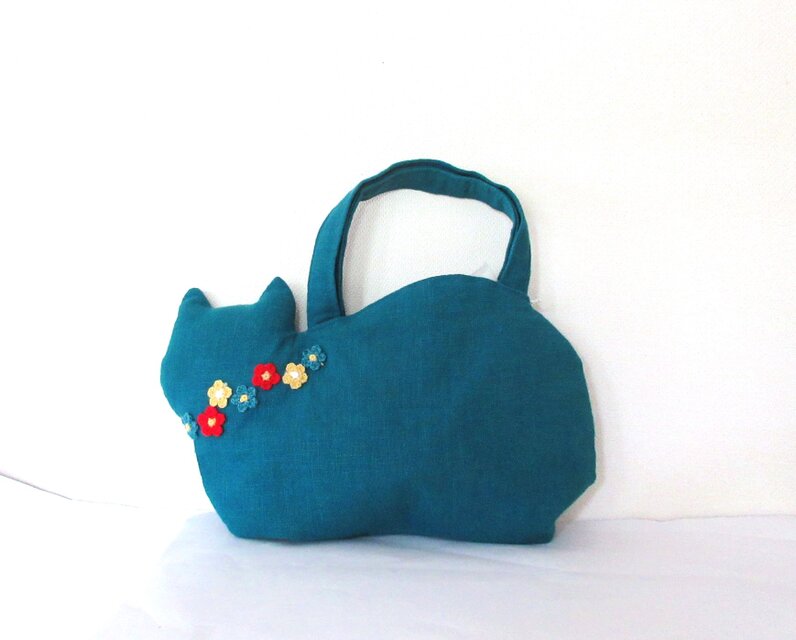 スラブリネン お花の猫バッグ ターコイズブルー