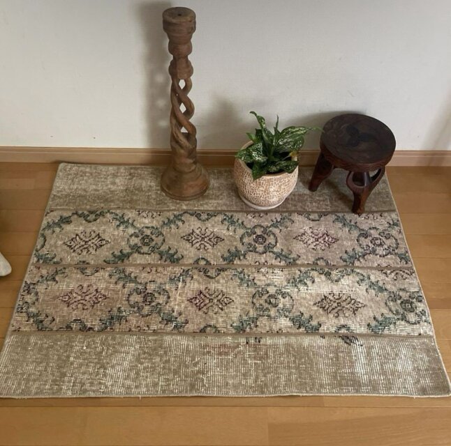 68.5×98 ベージュボタニカル　パッチワーク　トルコヴィンテージラグ 68.5×98 ベージュボタニカル パッチワーク トルコヴィンテージ