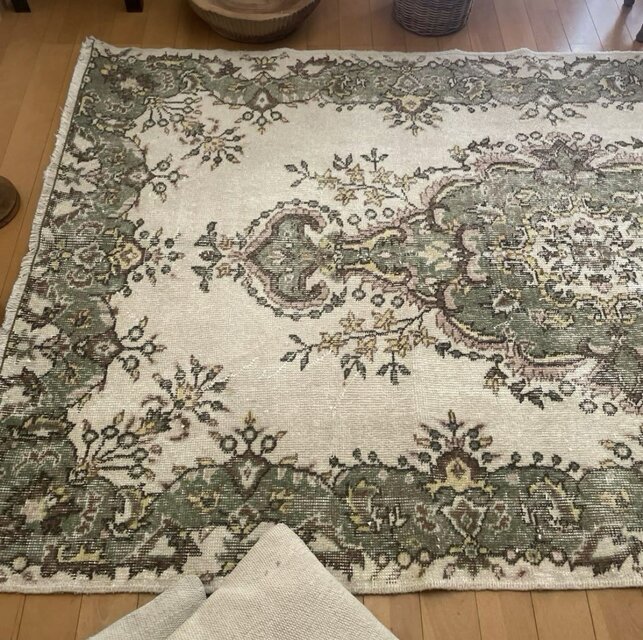 115×206 モスグリーン×クリーム　メダリオン　トルコヴィンテージラグ 115×206 モスグリーン×クリーム メダリオン トルコヴィンテージ