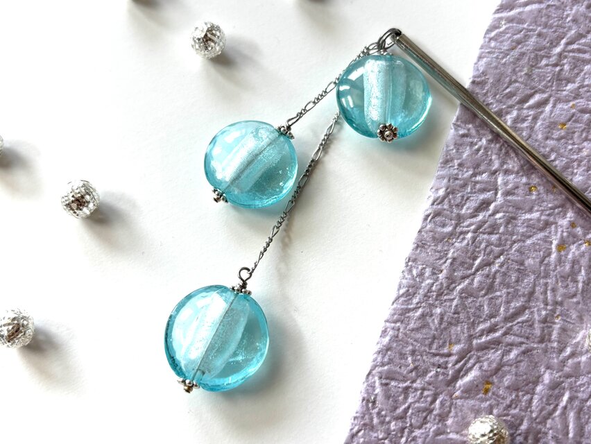 かんざし　水色とシルバーのとんぼ玉A　一本挿し　一本簪　涼しげ　夏　和風　トンボ玉　青　ブルー