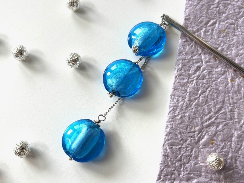 かんざし　水色とシルバーのとんぼ玉B　一本挿し　一本簪　涼しげ　夏　和風　トンボ玉　青　ブルー