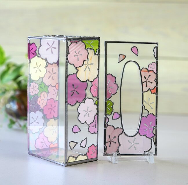 受注：『初桜』グラスアート　ティッシュ／ペーパータオルケース　