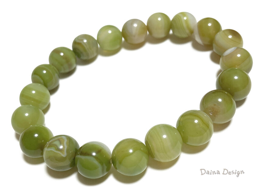 アゲート ブレスレット　ピスタチオ カラー　グリーン 黄緑 縞 瑪瑙　レア 大粒 天然石 ☆ ダイナ デザイン ☆ 10ミリ
