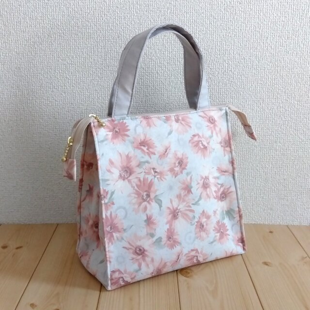 保温・保冷！！洗えるペーパーバッグ風　ランチバッグ　向日葵　ひまわり　スクエア　ピンク　　280