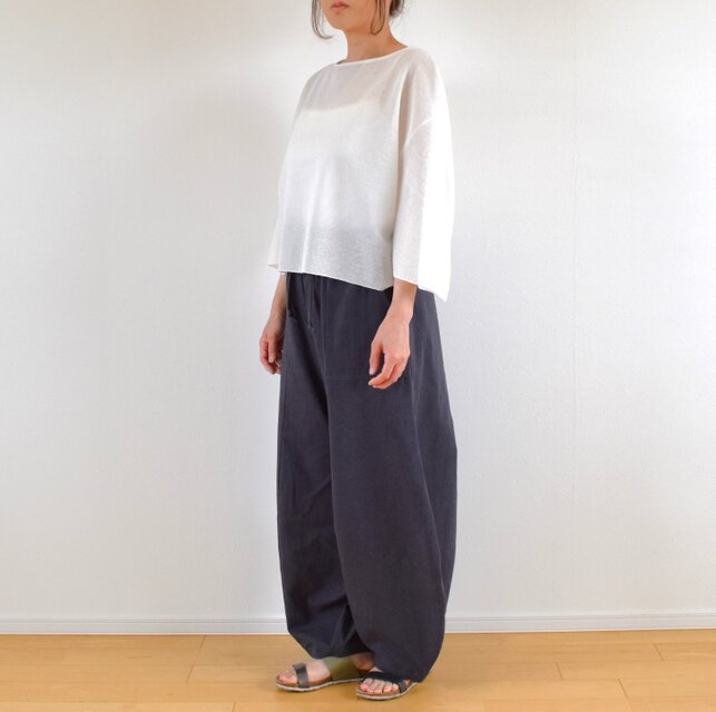 コットンリネン 膝下ふっくら バルーンワイドパンツ/ダークグレー
