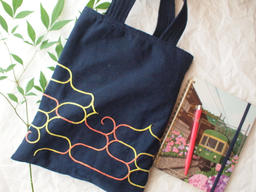 アイヌ文様 ぐるりと刺繍 明治の藍染め生地で仕立てたバッグのコピー