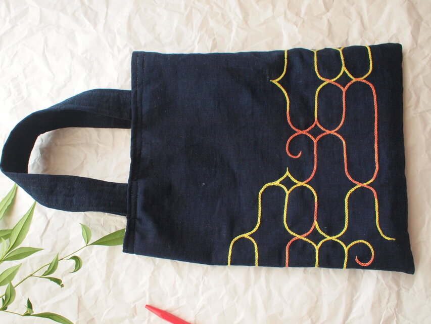 アイヌ文様 ぐるりと刺繍 明治の藍染め生地で仕立てたバッグの